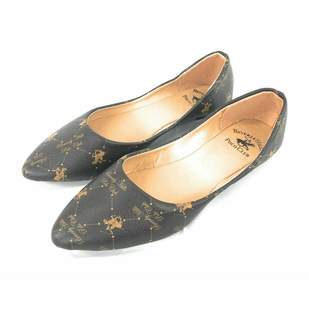 Beverly Hills Polo Club Black & Gold Logo Pointed Toe Flats